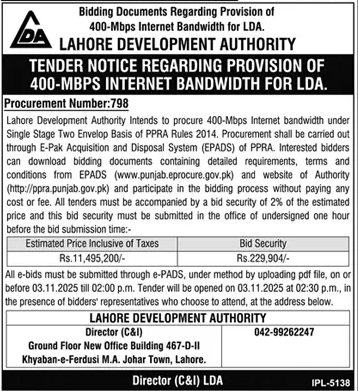 Lahore Development Authority Lahore Tender Notice